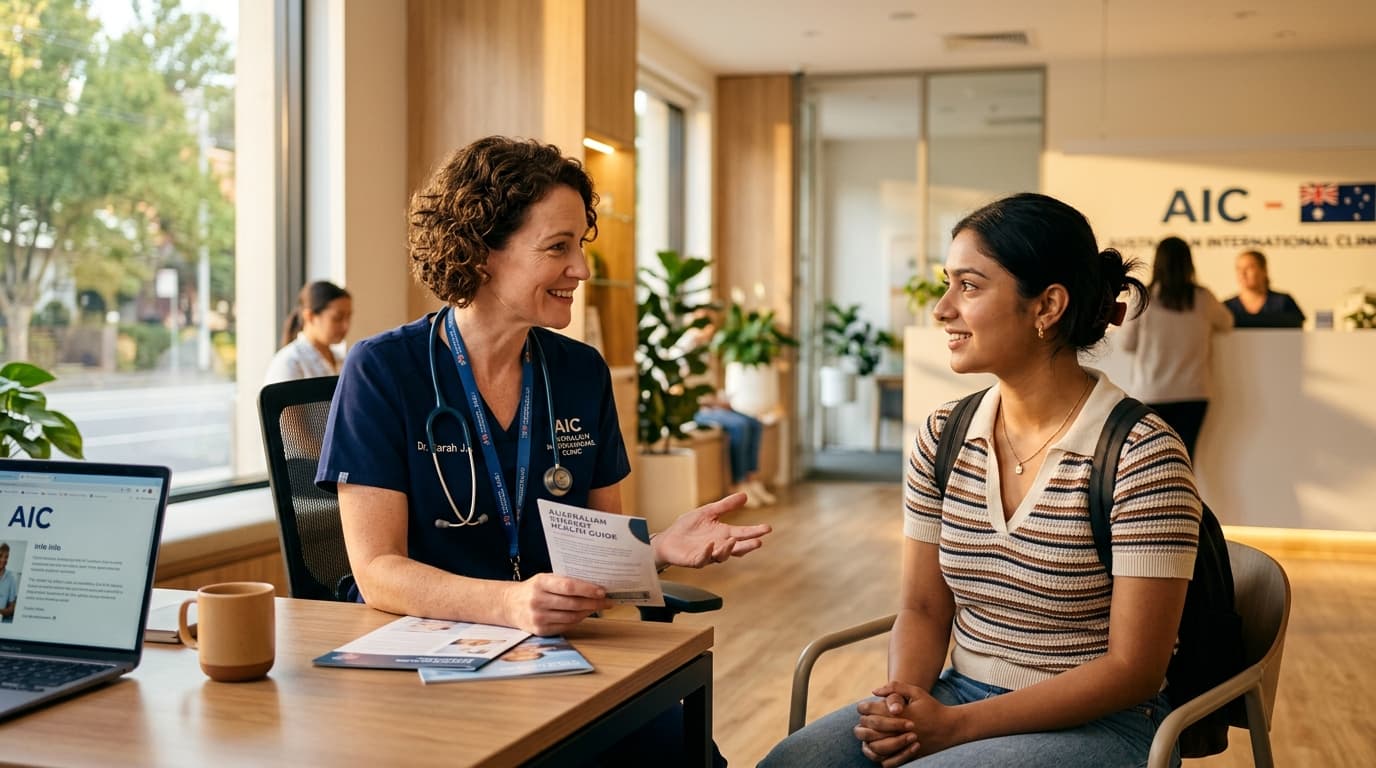Caring medical professional talking to an international student in a bright, modern Australian clinic